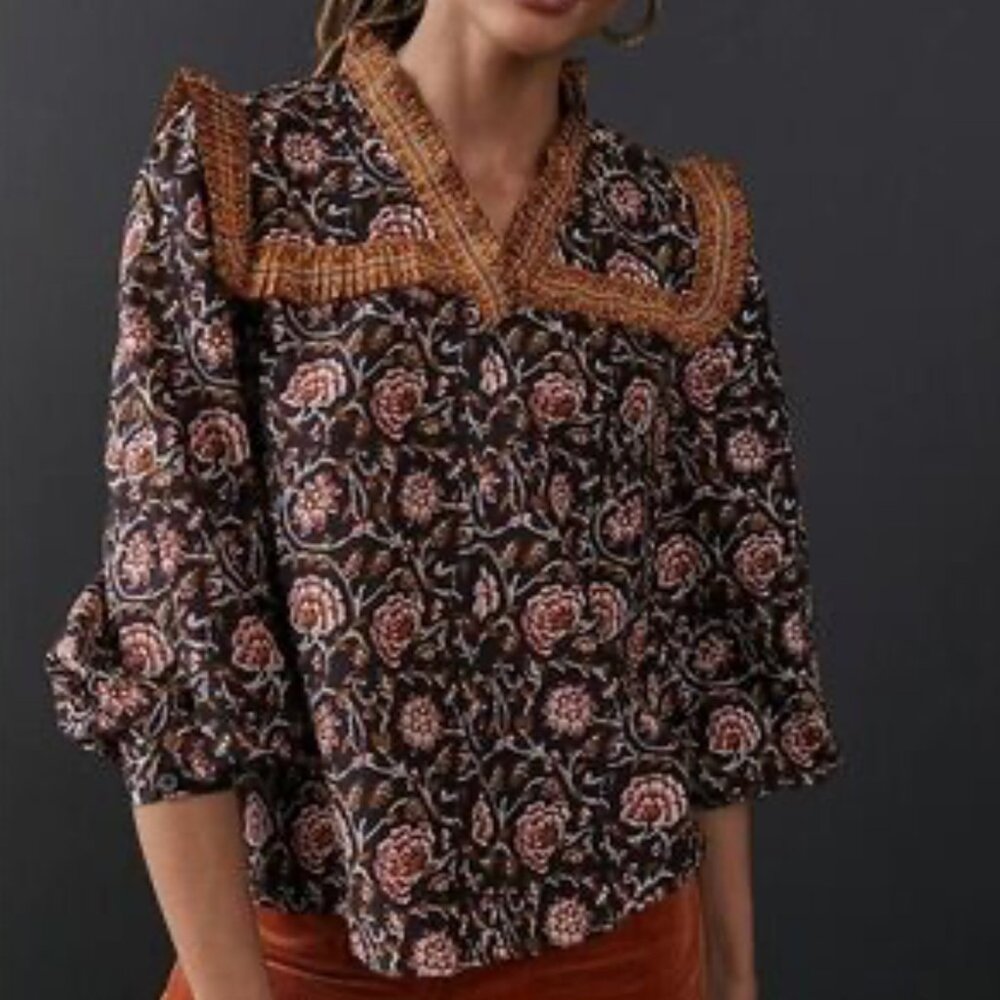 Anthropologie Othilia Sera Black Printed Ruffled Blouse